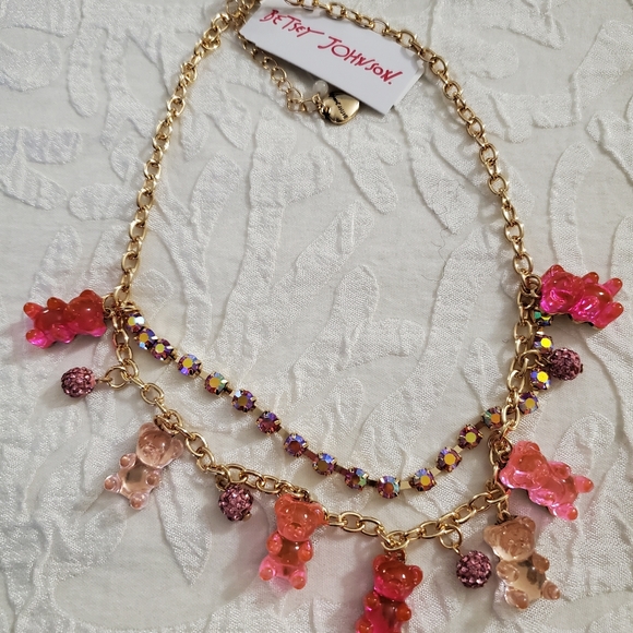Betsey Johnson Lucite Gummy Pink Bears Fireballs Rhinestone Necklace Nwt Rare - Picture 3 of 3